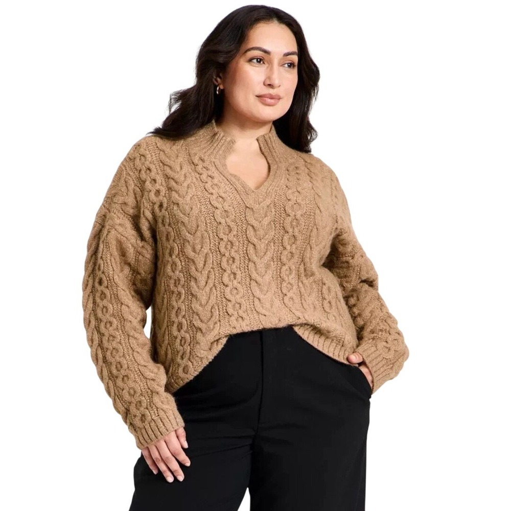 A New Day Women's Brown Cable Knit Split Neck Pullover Sweater Size XXL